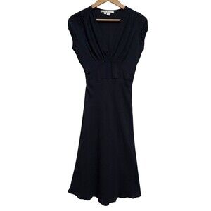 Zara Dress M Black 100% Silk V Neck Tie Back Cap Slv Midi Fitted Sheer Party